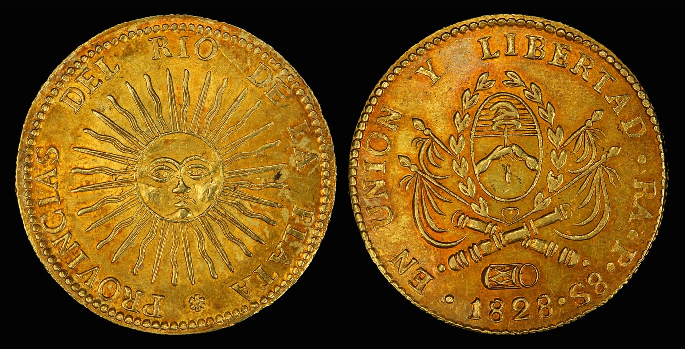 A Spanish colonial 8 escudos gold coin, the large gold piece often loosely called a doubloon