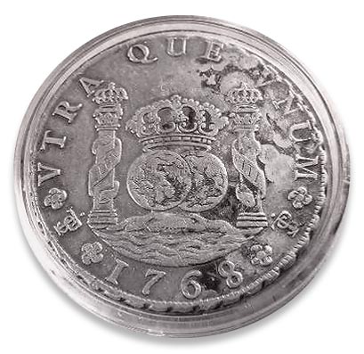 A Spanish pillar dollar of the kind carried by the 1715 treasure fleet